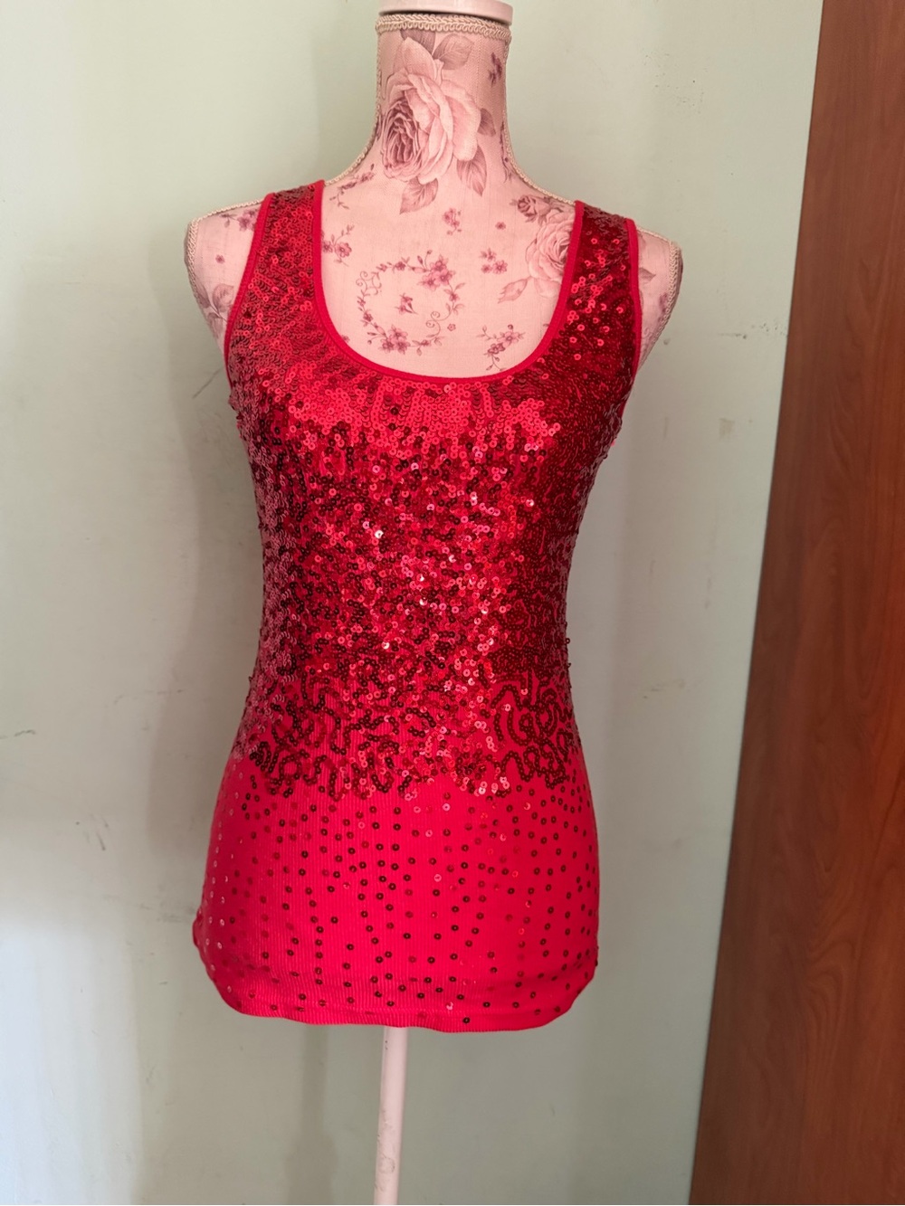 Women’s Red Sequin Scoop Neck Tank Top
